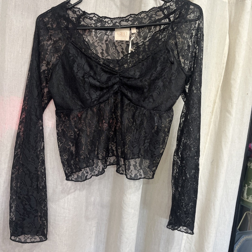 GLG Good Luck Gem Top M Black Lace Sheer Babydoll Crop Y2K Wimsigoth Fairy Witch